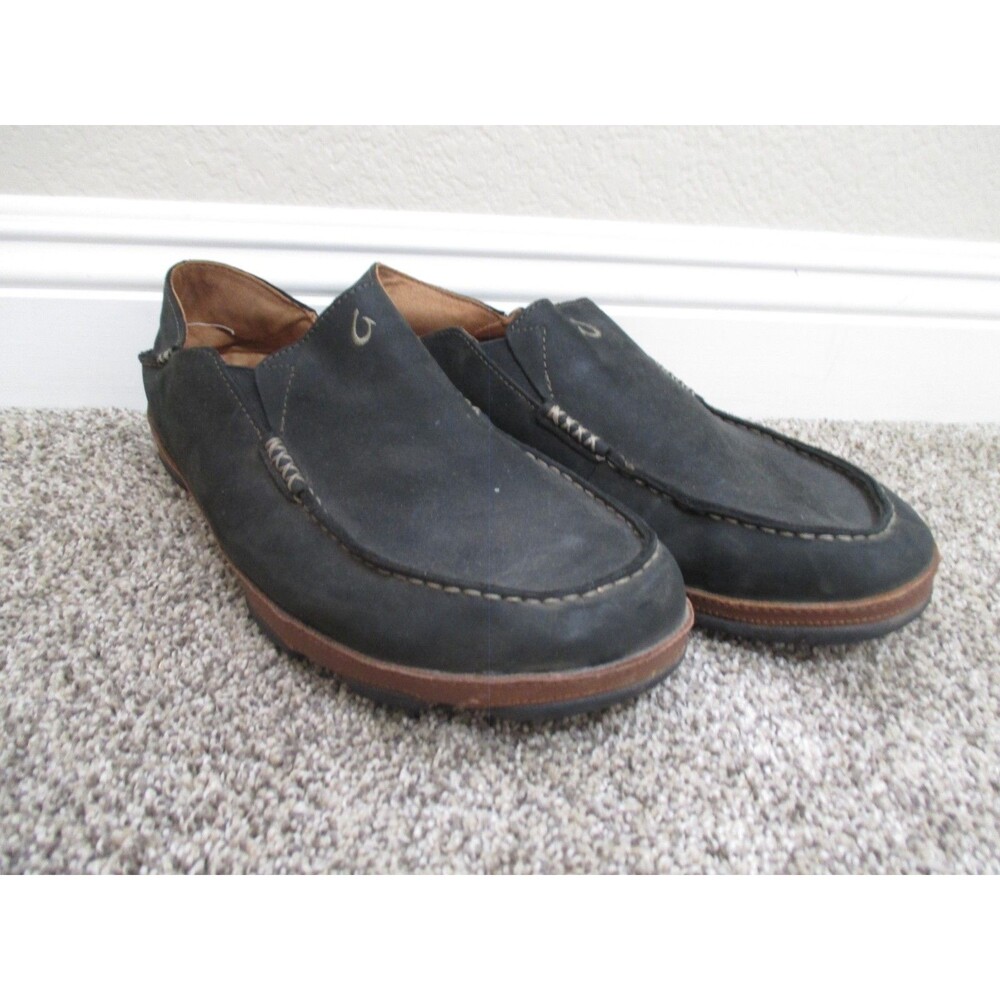 olukai Moloa Mens 13 Slip On Shoes Black Leather upper Moccasin stitching grey